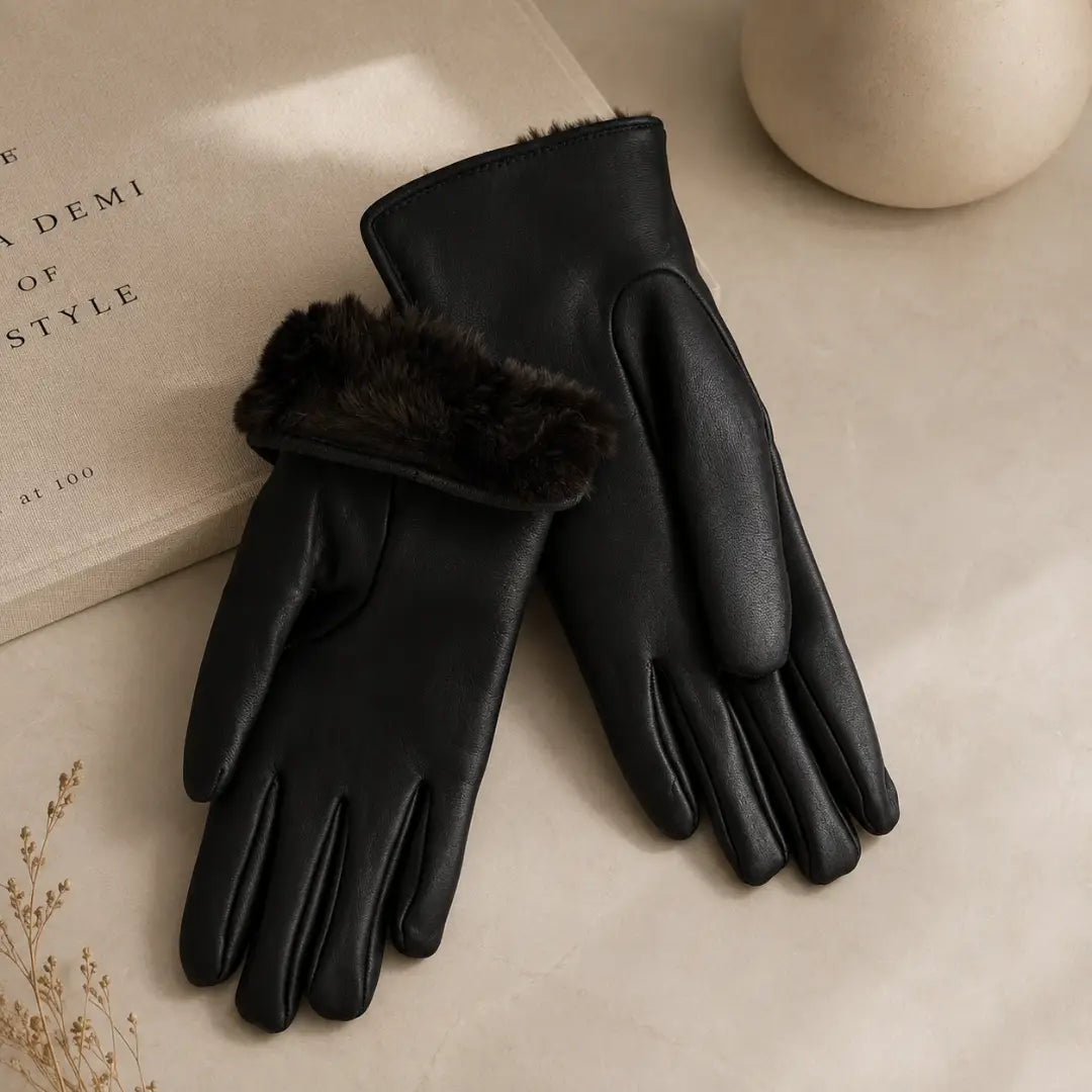 Guantes de Cuero Mía Negro con Piel de Nutria | Elegancia y Abrigo