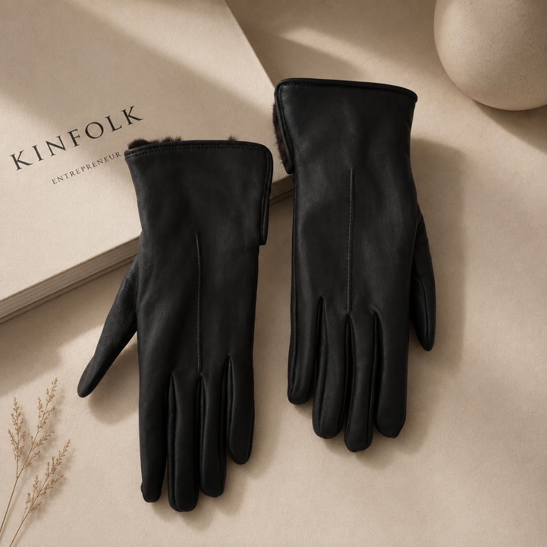 Guantes de cuero negro femenino con acabado premium y diseño atemporal