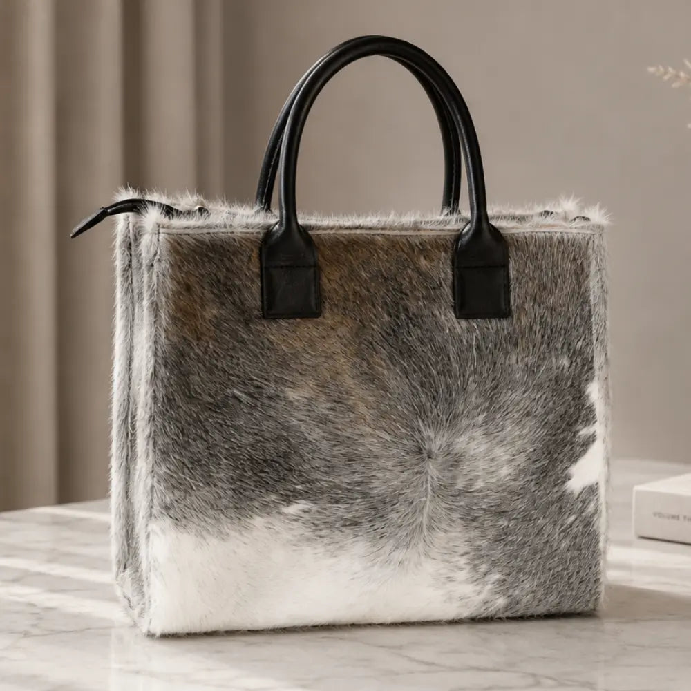 Cartera Milagros Tote Gris de Cuero y Pelo Natural I La Pampa Leather