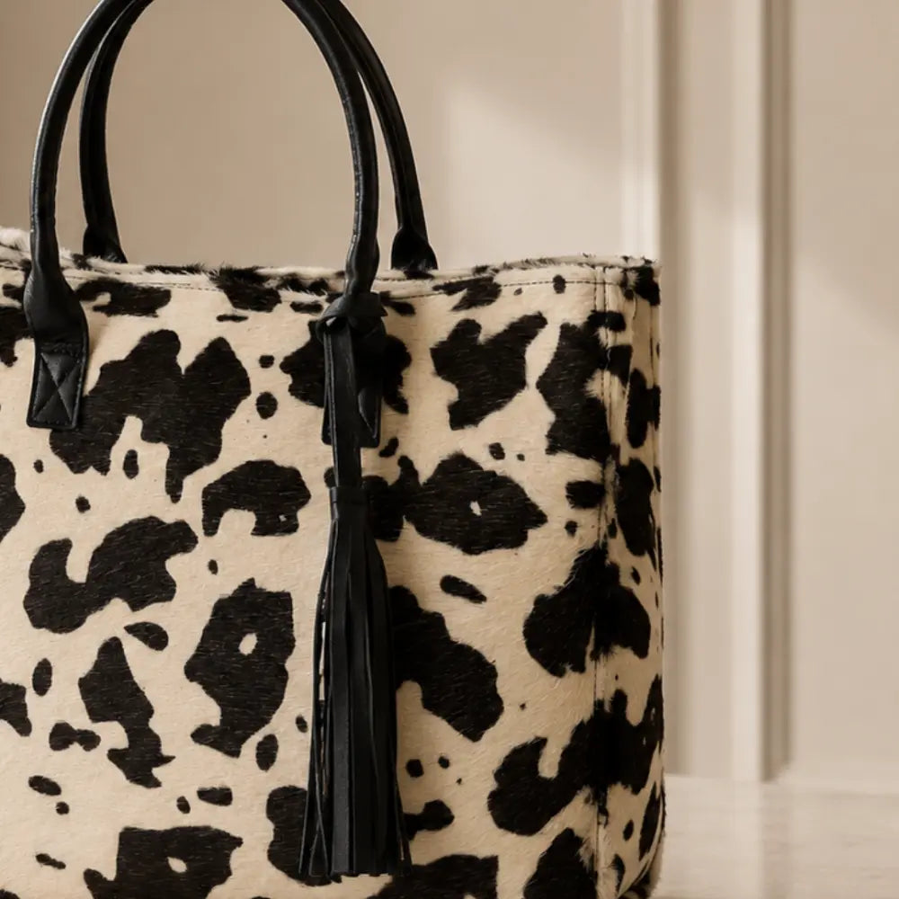 Cartera Milagros Tote Blanco y Negro de Cuero y Pelo Natural I La Pampa Leather