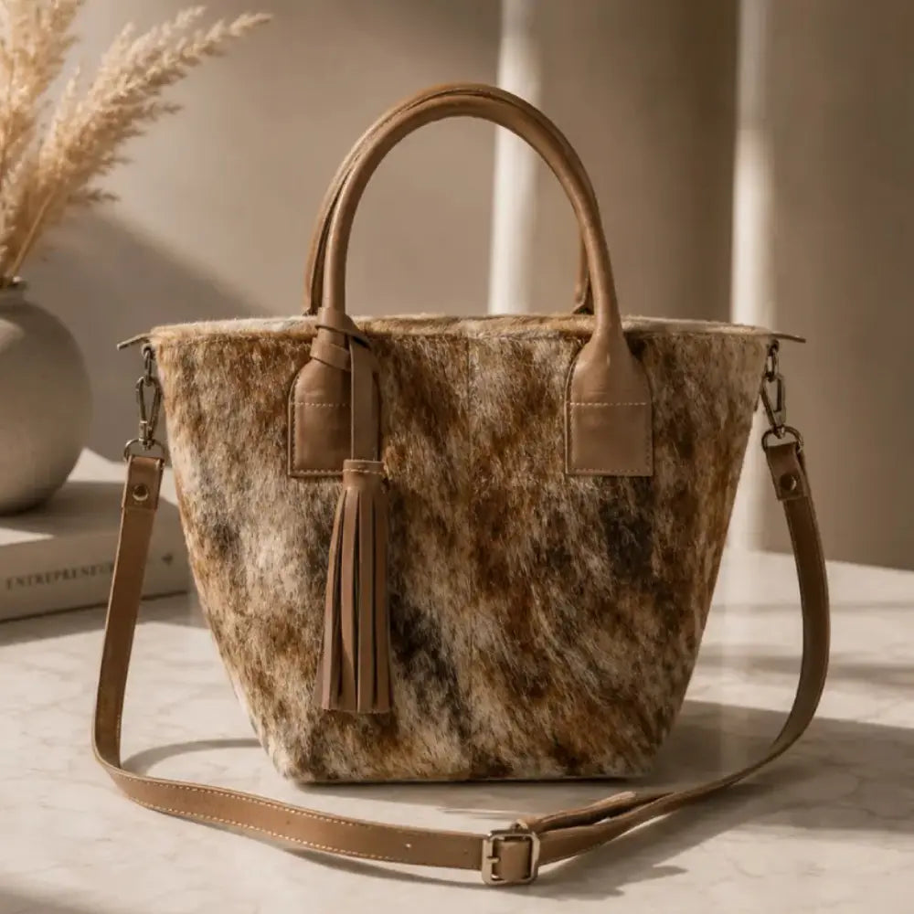 Cartera Milagros de Cuero con Pelo Beige | La Pampa Leather Chile