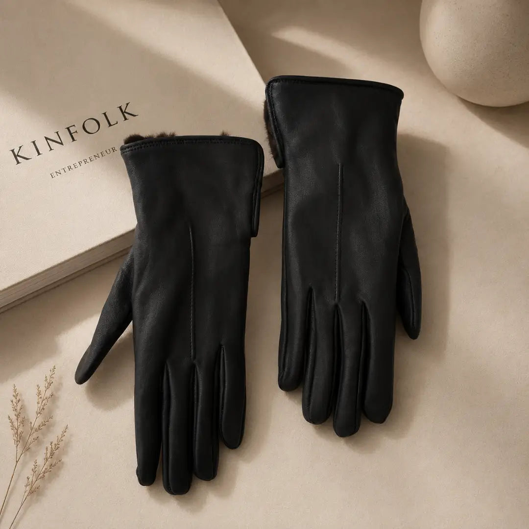Guantes de Cuero Mía Negro con Piel de Nutria | Elegancia y Abrigo