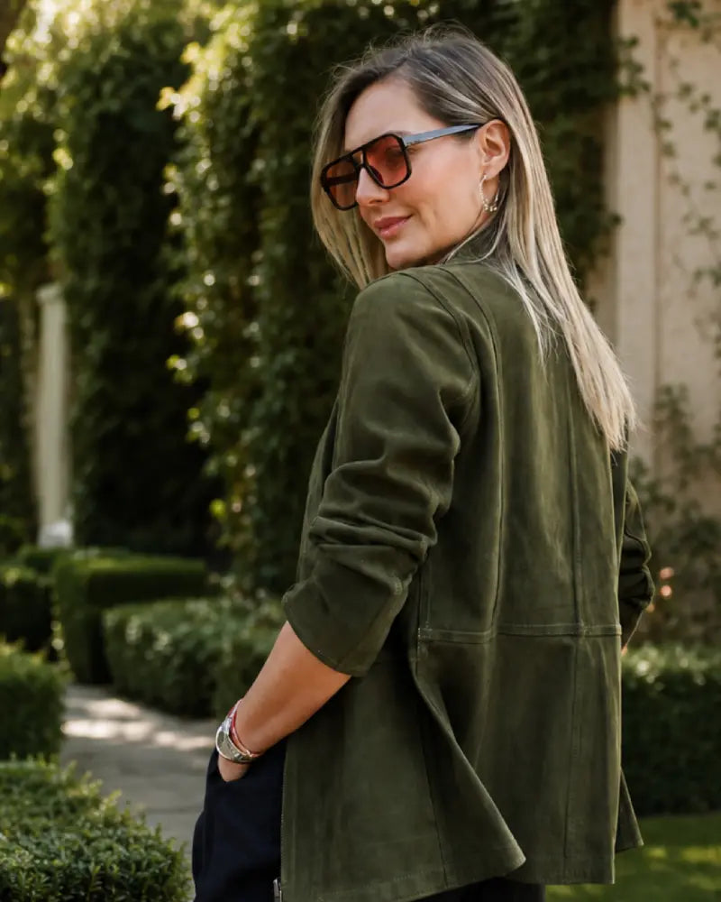 Chaqueta Reversible Verde Musgo de cabrito| Sara |  Gamuza y Cuero Premium