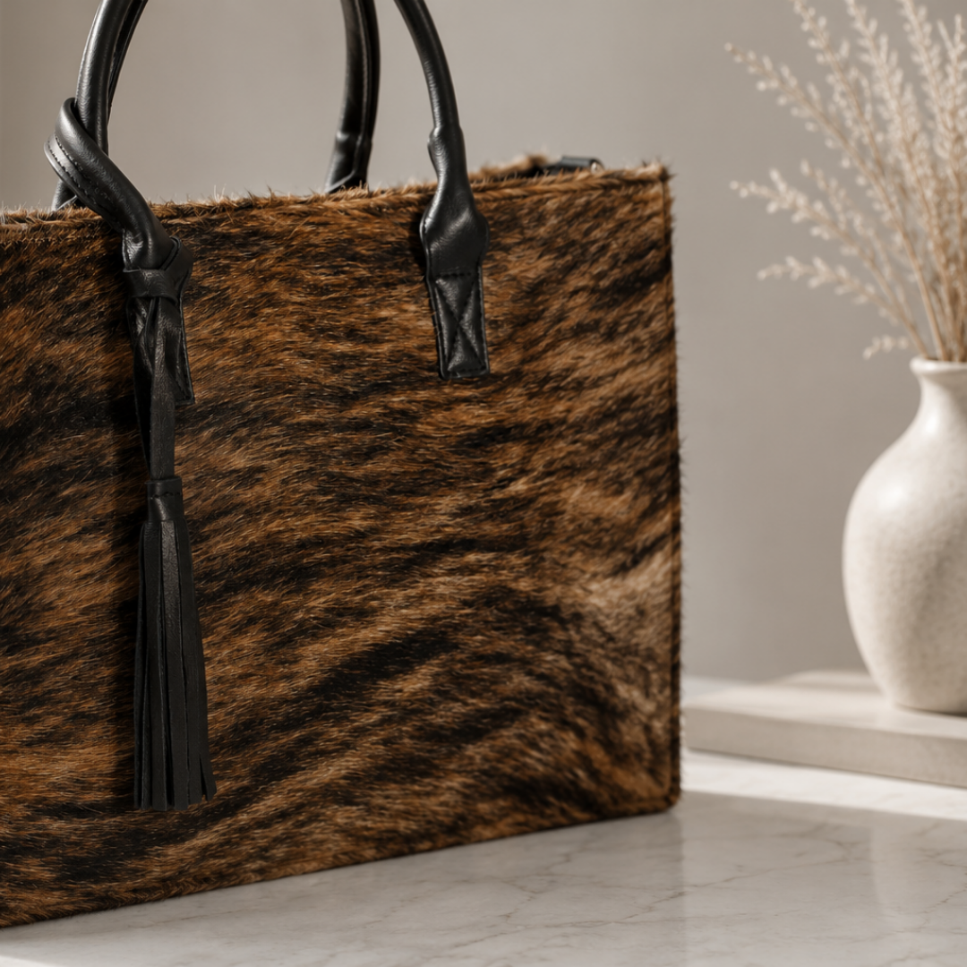 Detalle de pelo natural vacuno en tonos café y negro de la cartera Milagros Tote Café. Borla artesanal de cuero negro