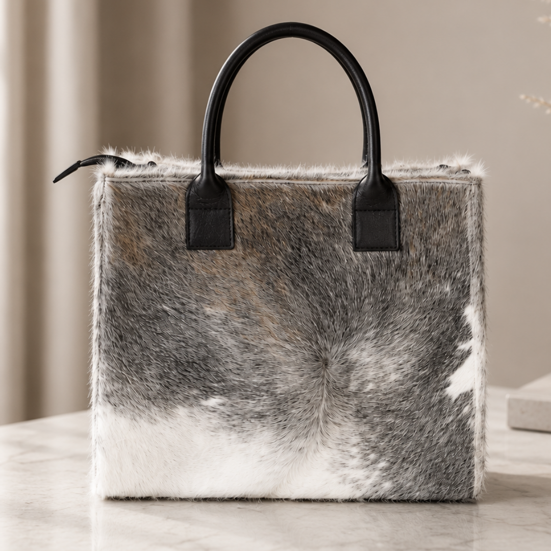 Vista frontal de cartera tote de cuero y pelo natural gris de La Pampa Leather.