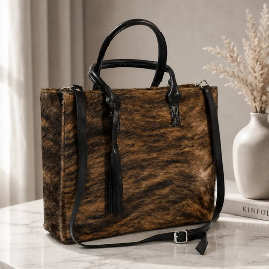 Cartera Milagros Tote café de cuero y pelo natural I La Pampa Leather