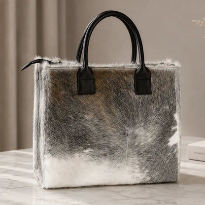 Cartera Milagros Tote Gris de Cuero y Pelo Natural I La Pampa Leather