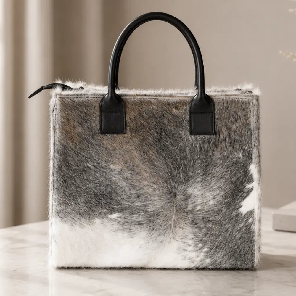 Cartera Milagros Tote Gris de Cuero y Pelo Natural I La Pampa Leather