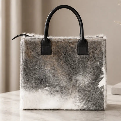 Cartera Milagros Tote Gris de Cuero y Pelo Natural I La Pampa Leather