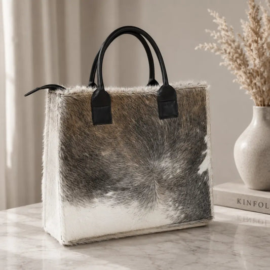 Cartera Milagros Tote Gris de Cuero y Pelo Natural I La Pampa Leather