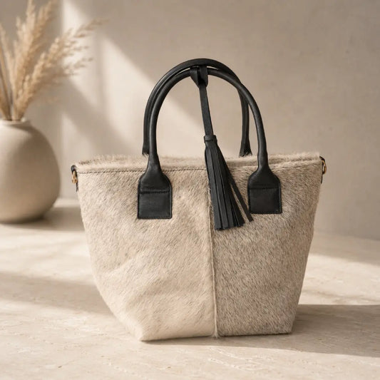 Cartera Milagros Cuero con Pelo Natural  Gris| La Pampa Leather Chile