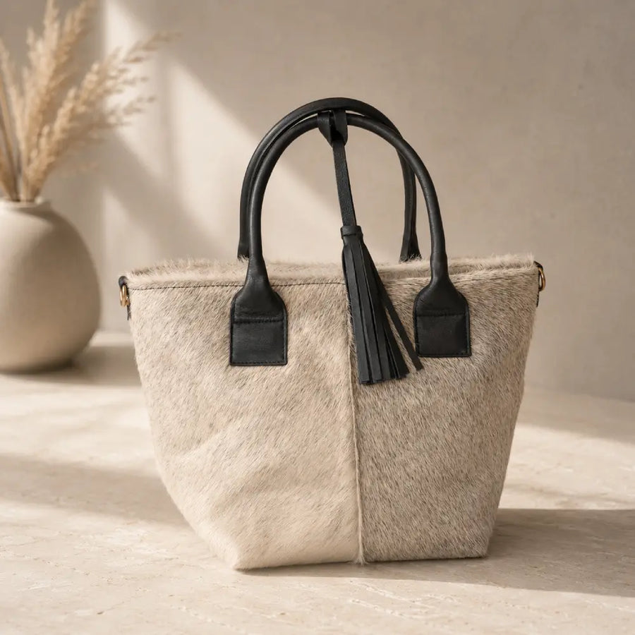 Cartera Milagros Cuero con Pelo Natural  Gris| La Pampa Leather Chile