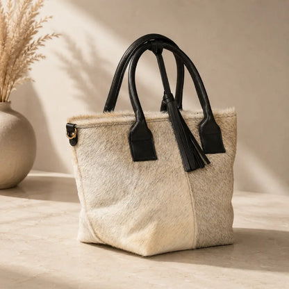 Cartera Milagros Cuero con Pelo Natural  Gris| La Pampa Leather Chile