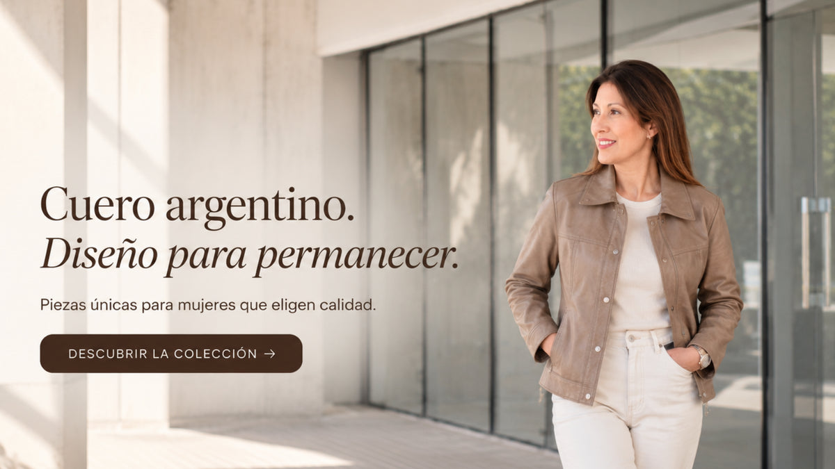 Mujer usando chaqueta de cuero premium La Pampa Leather