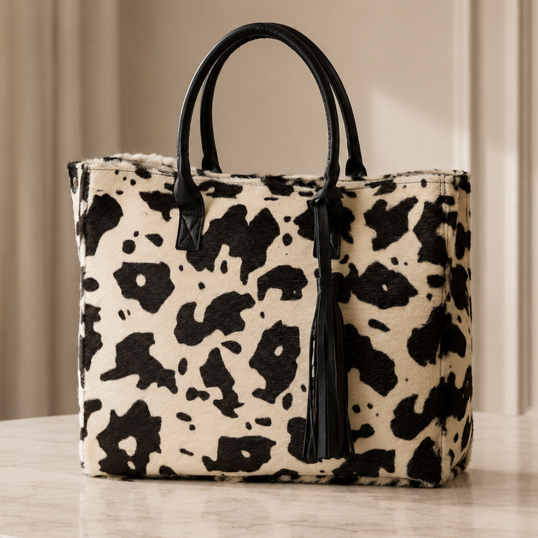 Cartera Tote Milagros negro y blanco confeccionada en cuero y pelo natural con asas de cuero negro.