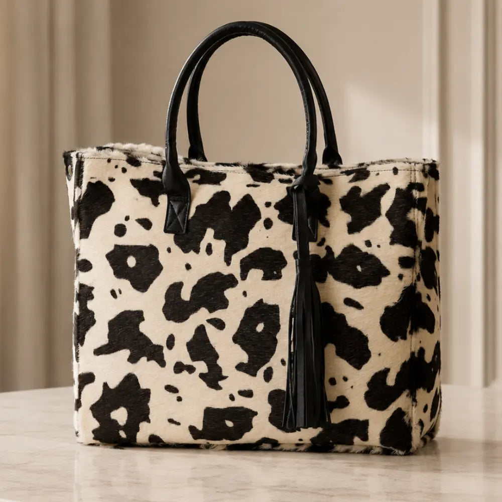 Cartera Milagros Tote Blanco y Negro de Cuero y Pelo Natural I La Pampa Leather