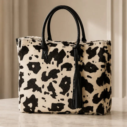 Cartera Milagros Tote Blanco y Negro de Cuero y Pelo Natural I La Pampa Leather