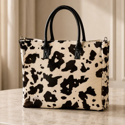 Cartera Milagros Tote Blanco y Negro de Cuero y Pelo Natural I La Pampa Leather