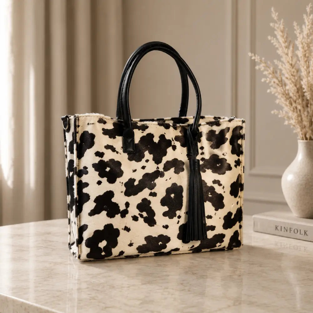 Cartera Milagros Tote Blanco y Negro de Cuero y Pelo Natural I La Pampa Leather