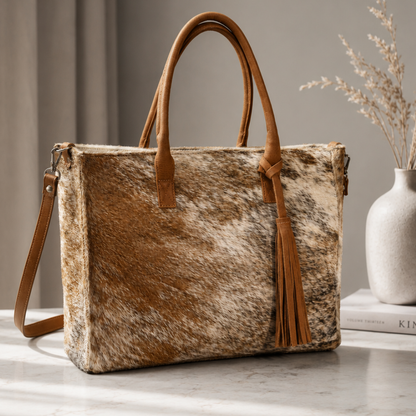 Cartera Milagros Tote Beige de cuero vacuno con pelo natural auténtico y flecos artesanales de La Pampa Leather