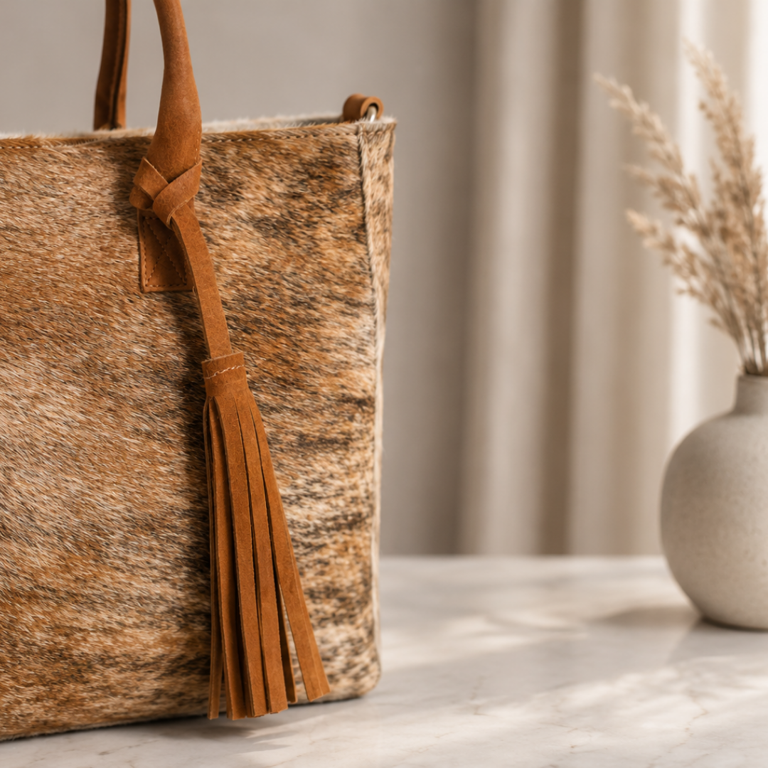 Detalle de fleco artesanal en cuero beige sobre cartera Milagros Tote de pelo natural auténtico