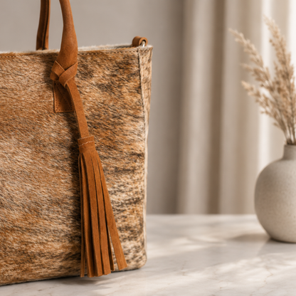 Detalle de fleco artesanal en cuero beige sobre cartera Milagros Tote de pelo natural auténtico