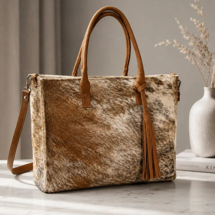 Cartera Milagros Tote Beige de Cuero y Pelo Natural | La Pampa Leather