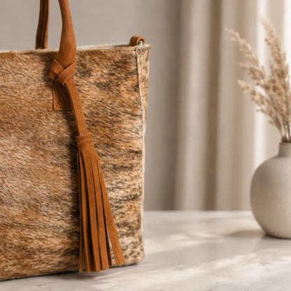 Cartera Milagros Tote Beige de Cuero y Pelo Natural | La Pampa Leather