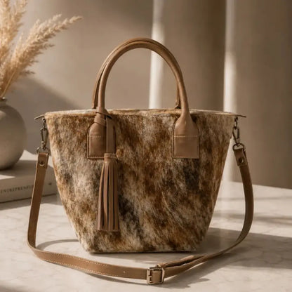 Cartera Milagros de Cuero con Pelo Beige | La Pampa Leather Chile
