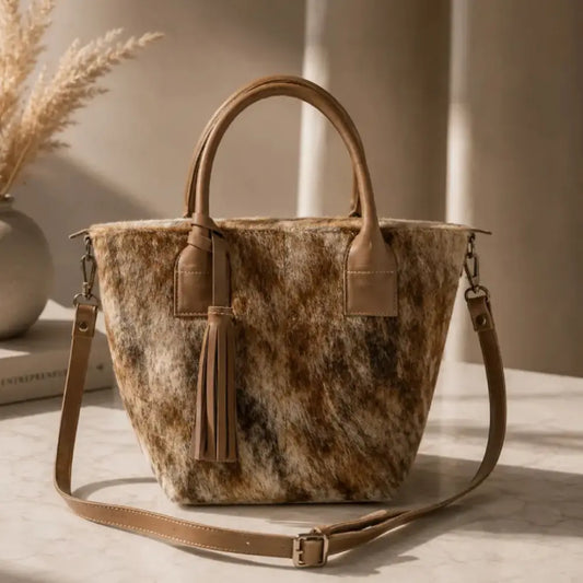 Cartera Milagros de Cuero con Pelo Beige | La Pampa Leather Chile