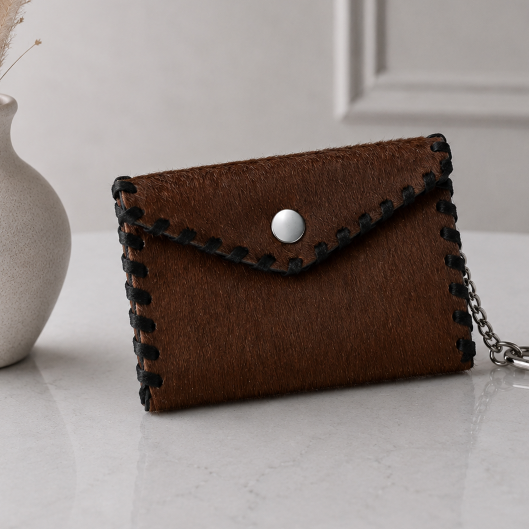 Monedero animal print confeccionado en cuero y pelo natural chocolate con detalle de costura artesanal negro.