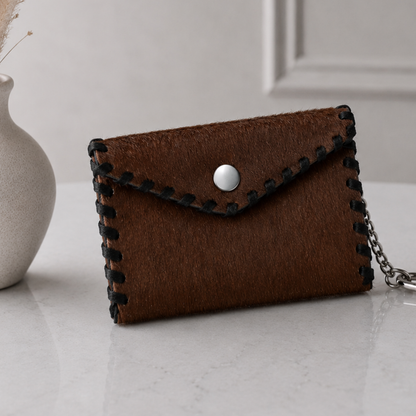 Monedero animal print confeccionado en cuero y pelo natural chocolate con detalle de costura artesanal negro.
